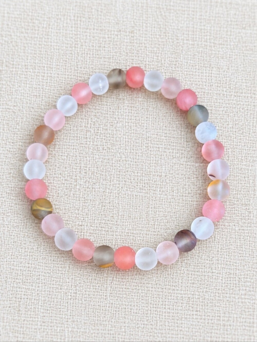 Matte Pink & White  Cherry Quartz Beaded Stretch Bracelet | Handmade
